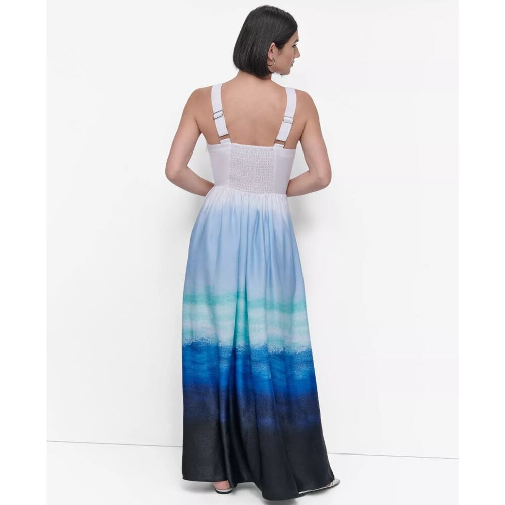 DKNY Women Seafoam Ombre Printed Satin Sleeveless Fit & Flare Maxi Dress Size S - Picture 4 of 10